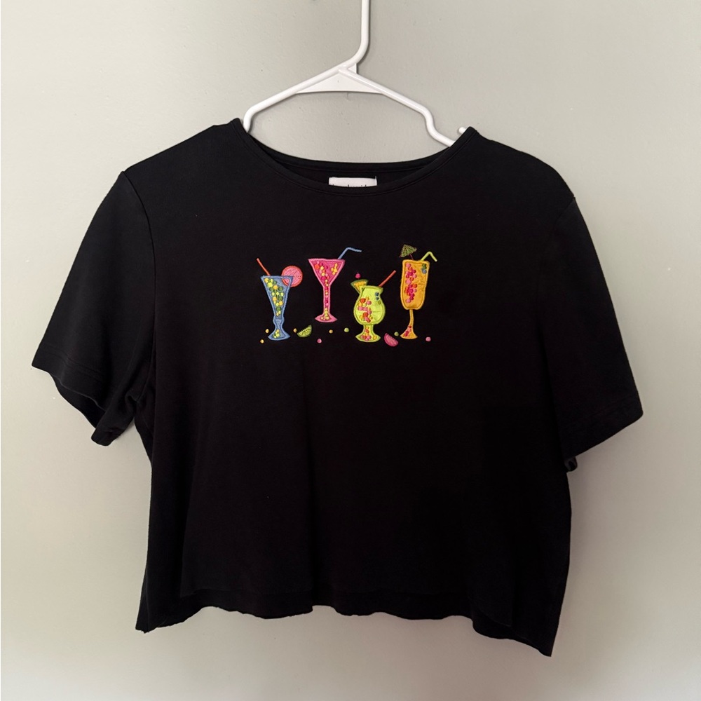 Black Crop Top with Colorful Cocktail Print